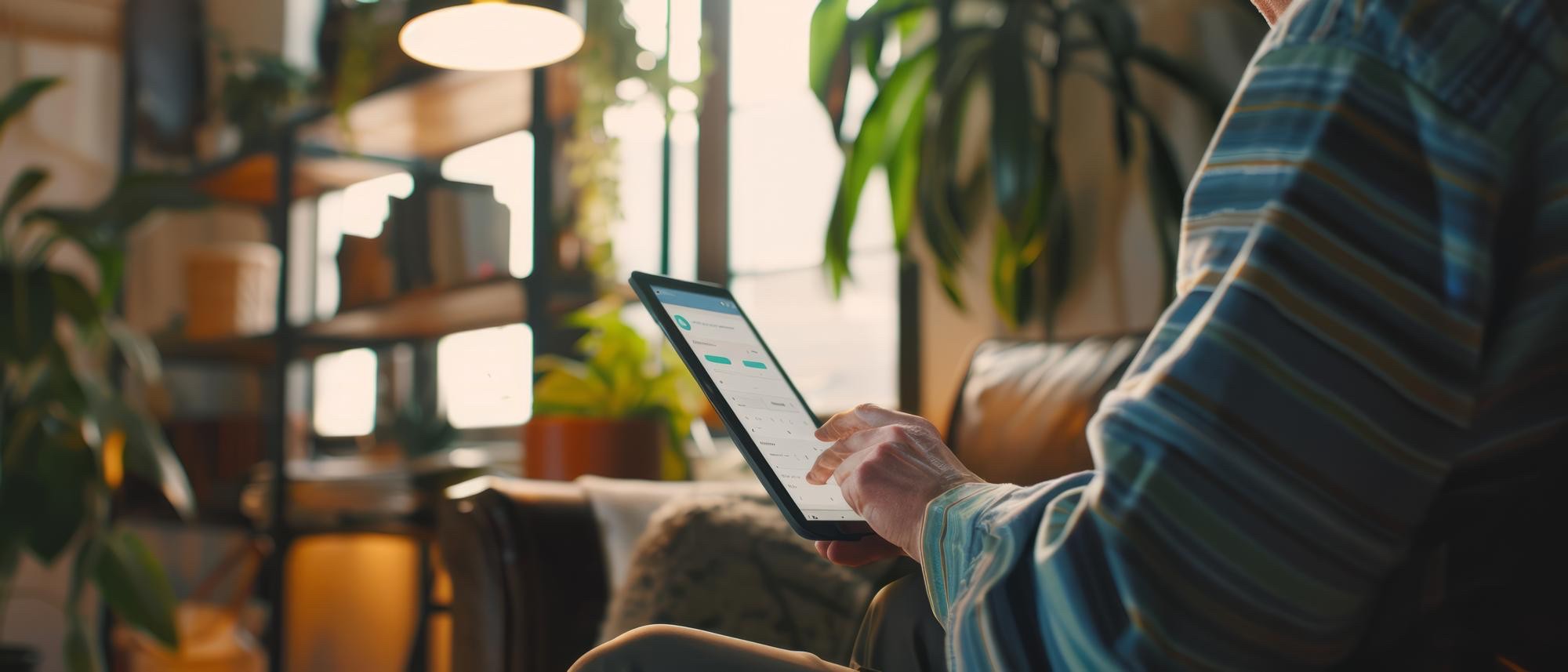 Person bedient eine App auf dem Tablet in entspannter Umgebung