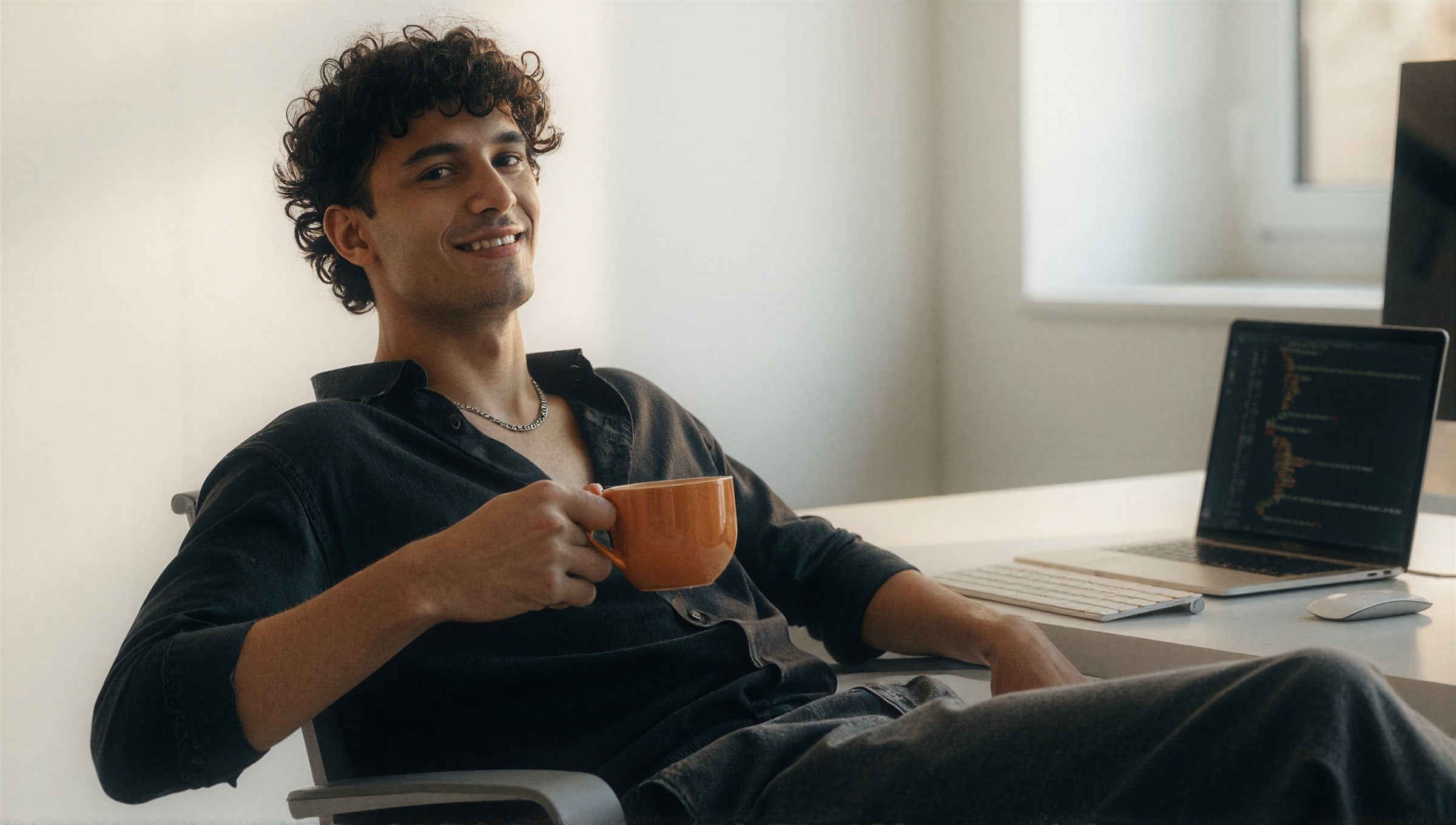 Entspannter App-Entwickler von TALEDRAFT mit Kaffee am Arbeitsplatz