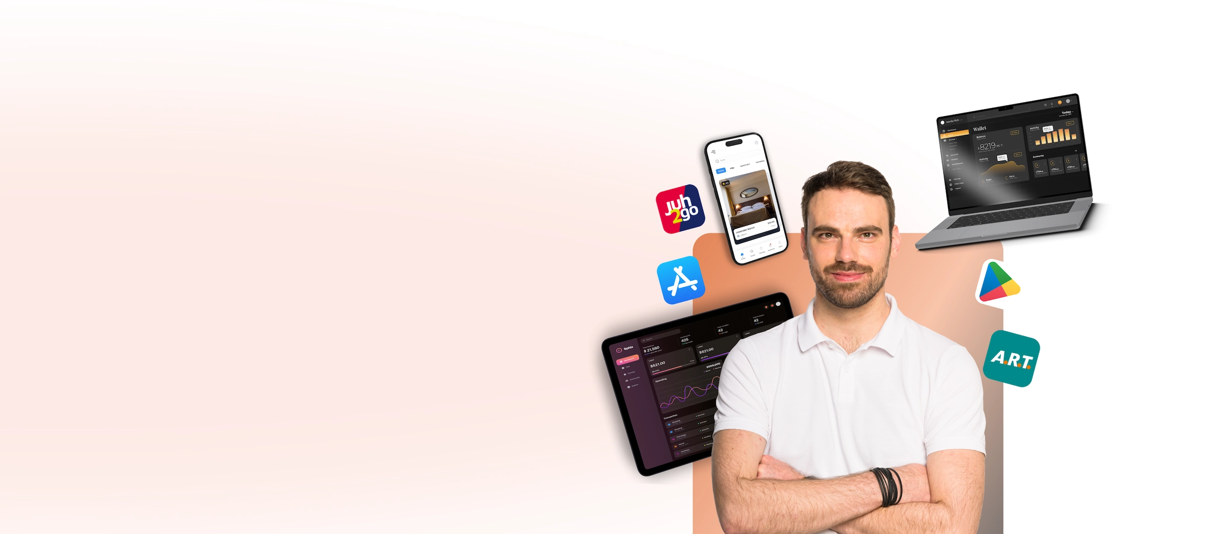 personen mit app icons und geräten um sich herum